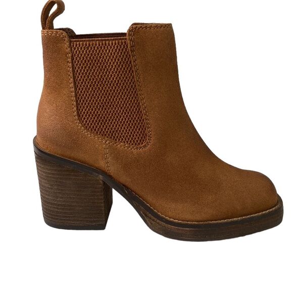 Diba Ser Eeta Suede Chunky Block Heel Boot in Cognac Square Toe Pull On Boho - Picture 2 of 14